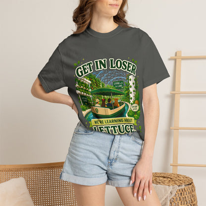Color: Pepper — Get In Loser Lettuce Learn shirt – Epcot Living with the Land parody tee, model wearing indoors