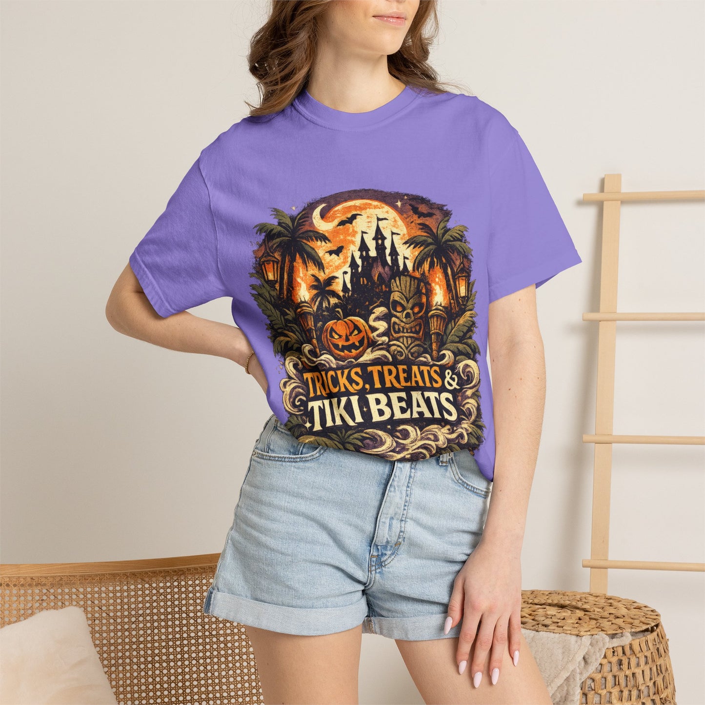 Tricks, Treats & Tiki Beats shirt – Halloween tiki parody tee