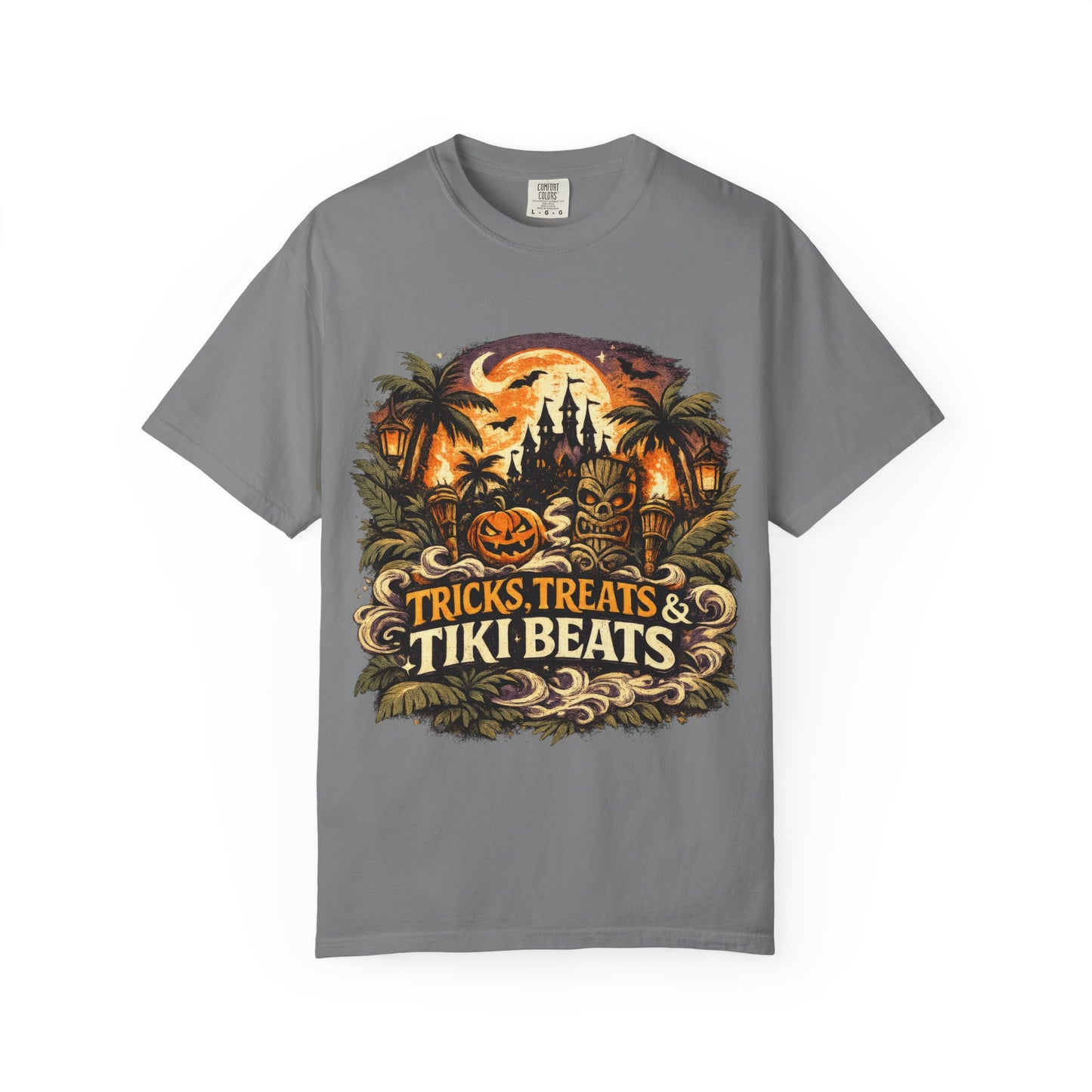 Tricks, Treats & Tiki Beats shirt – Halloween tiki parody tee