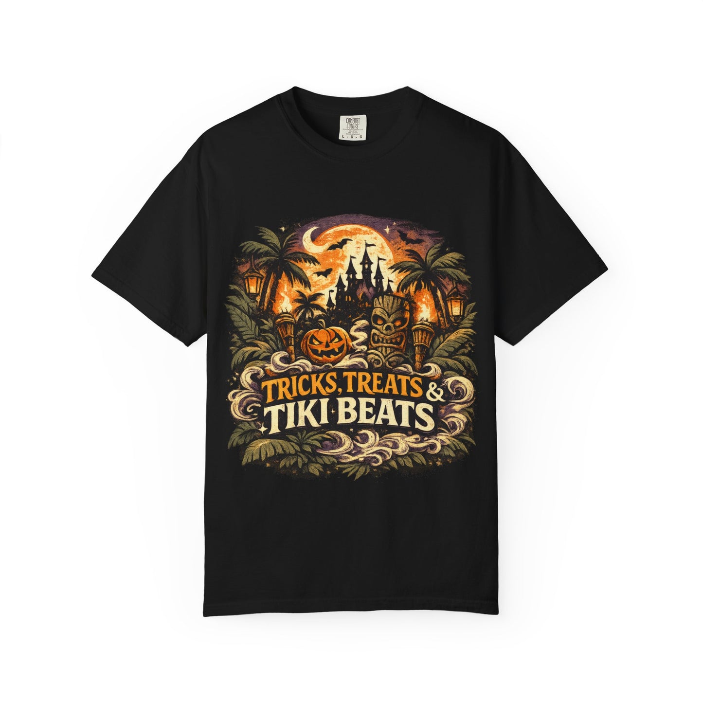 Tricks, Treats & Tiki Beats shirt – Halloween tiki parody tee