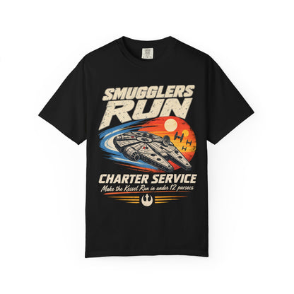 Color: Black — Flat lay of the Smugglers Run shirt front print