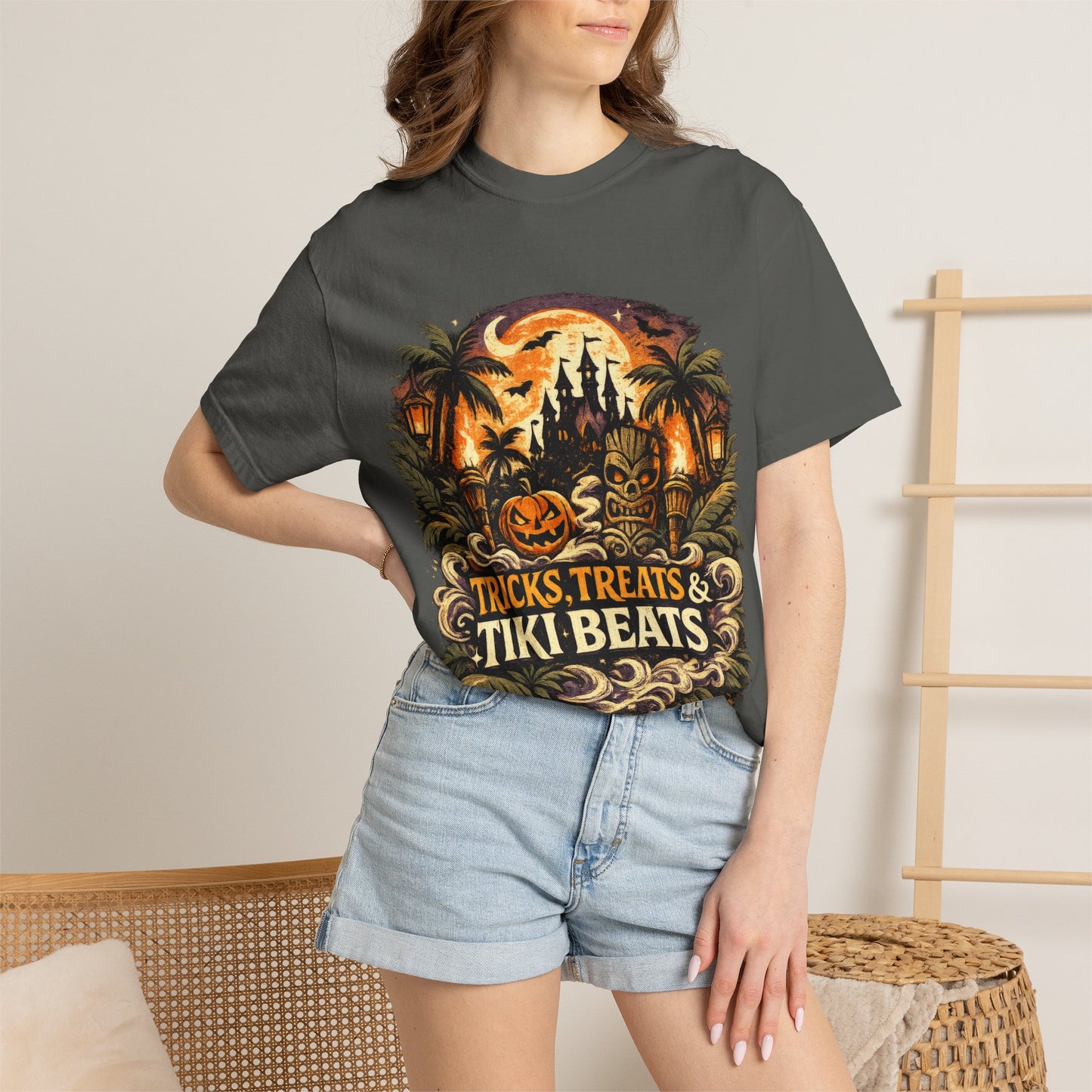 Tricks, Treats & Tiki Beats shirt – Halloween tiki parody tee