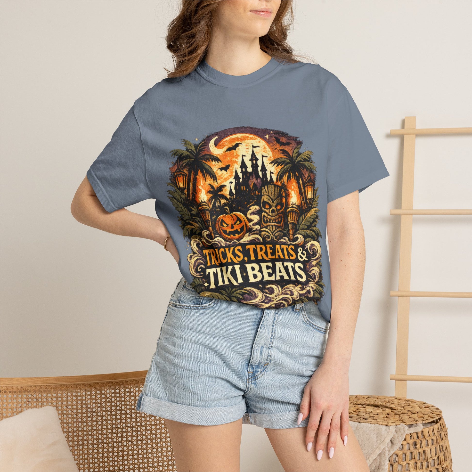 Tricks, Treats & Tiki Beats shirt – Halloween tiki parody tee