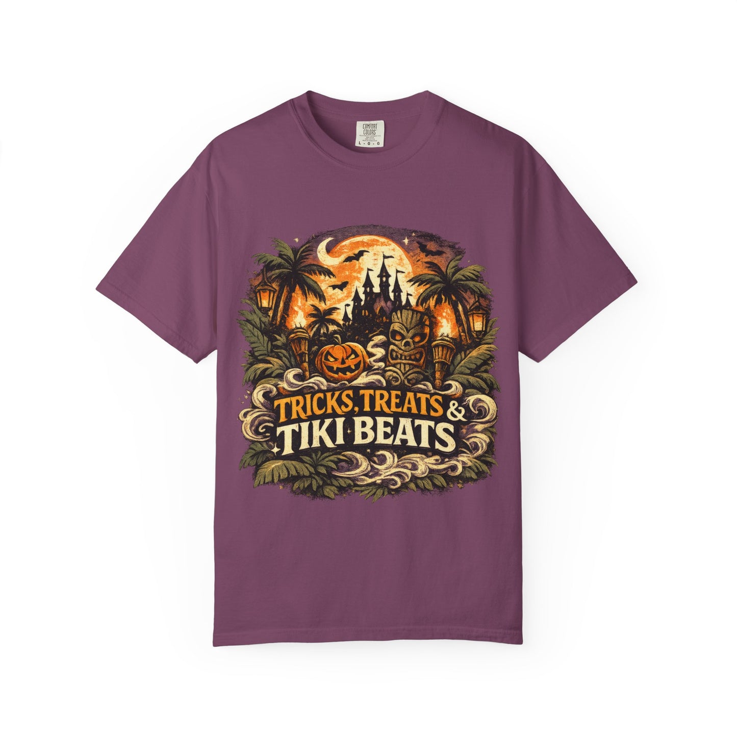 Tricks, Treats & Tiki Beats shirt – Halloween tiki parody tee