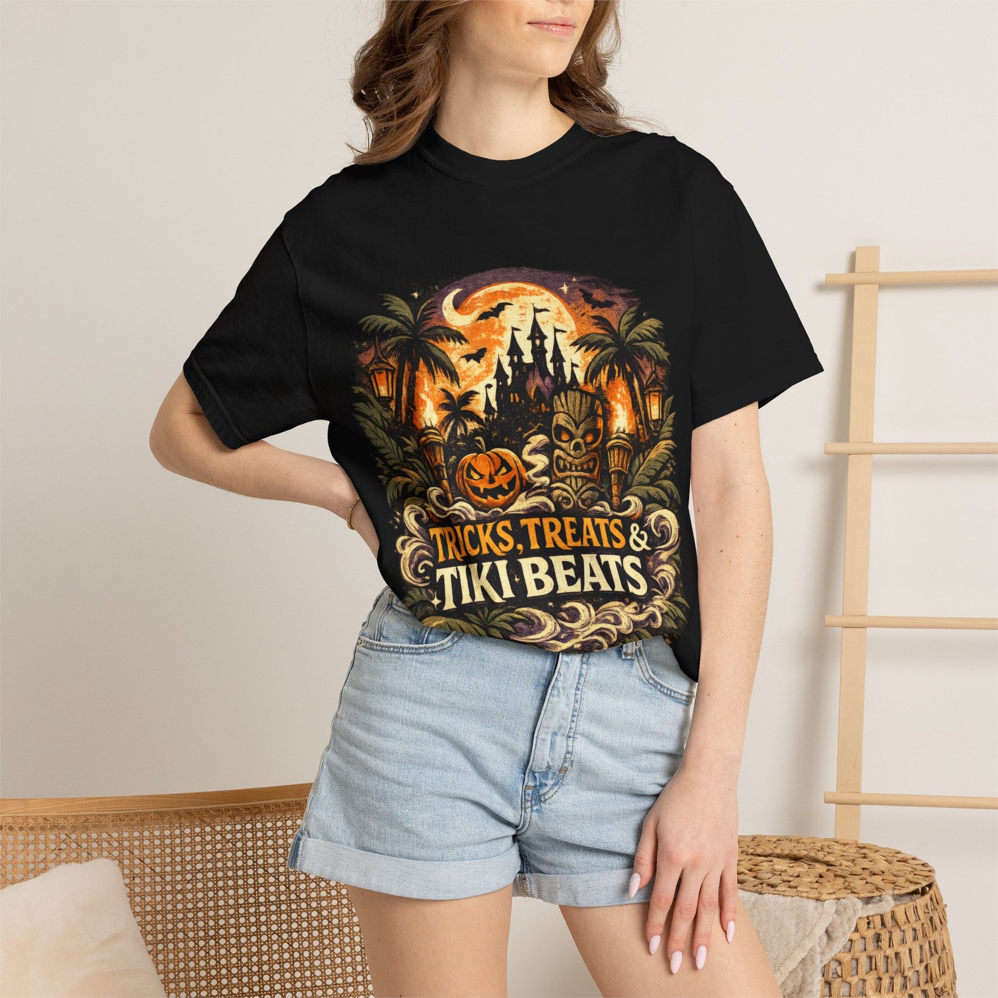 Tricks, Treats & Tiki Beats shirt – Halloween tiki parody tee