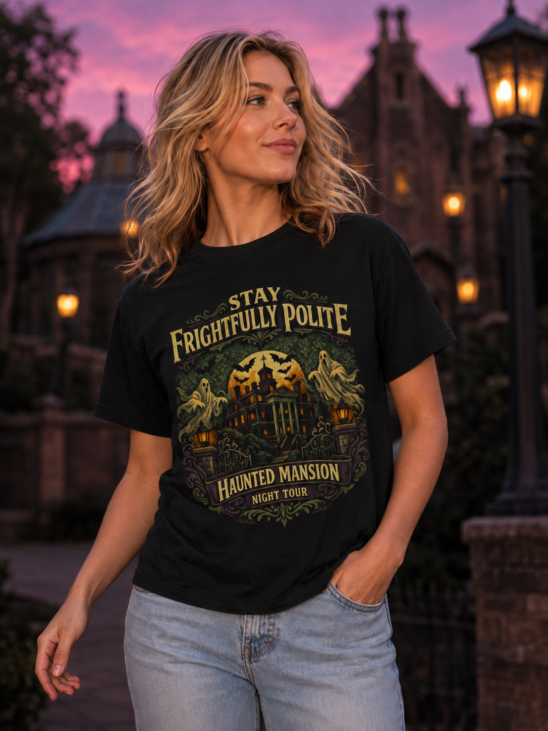 Color: Black — A model wearing the shirt at dusk in front of a haunted mansion