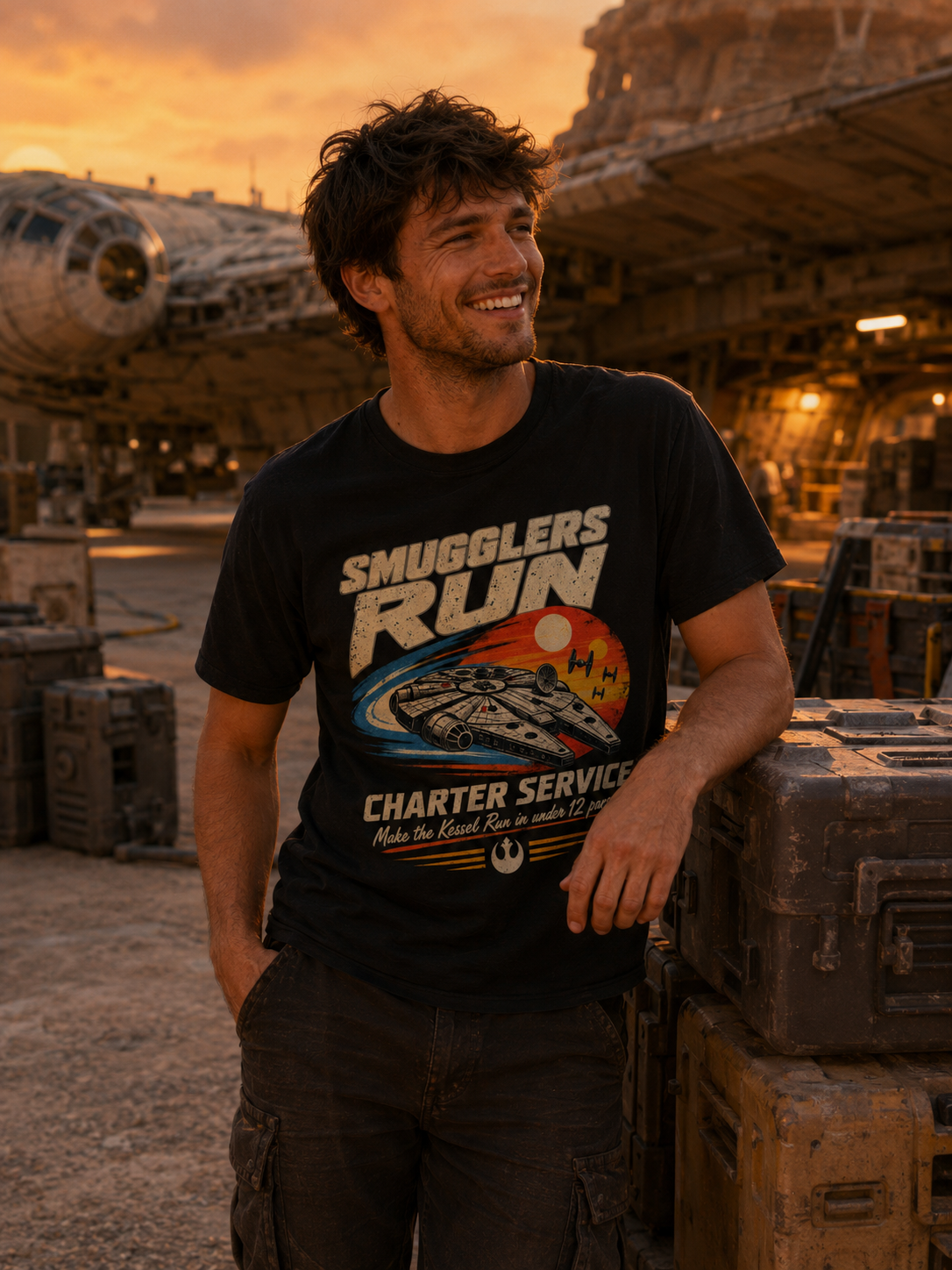 Color: Black — Candid lifestyle shot of the Smugglers Run shirt near the Millennium Falcon docking bay