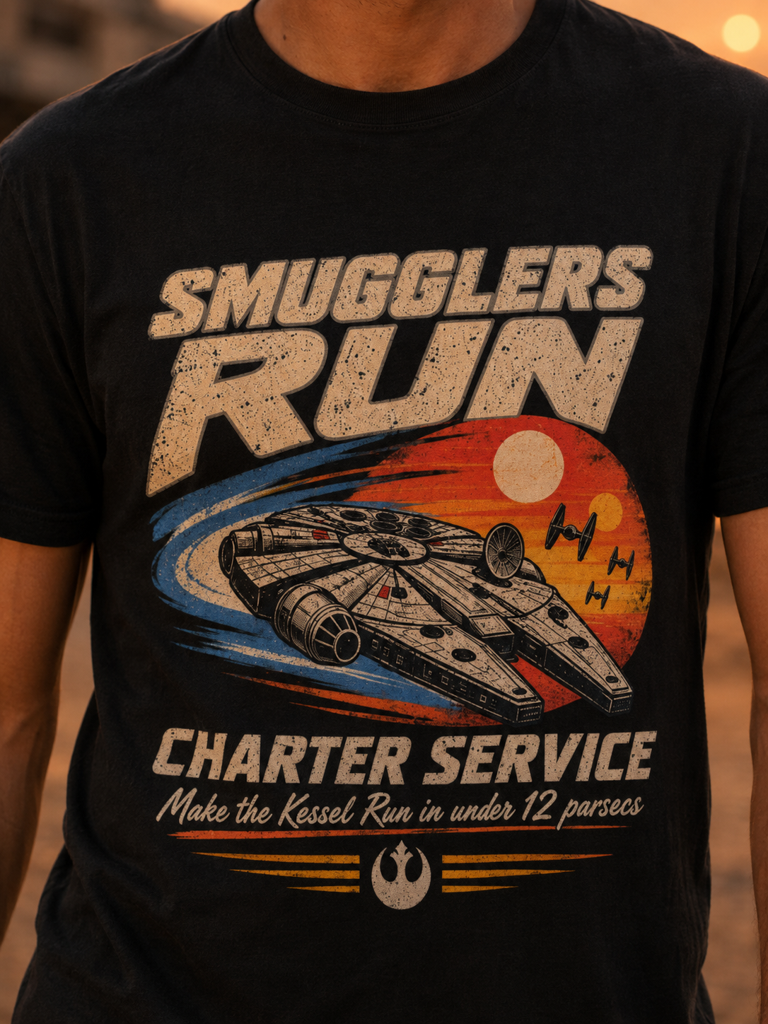 Color: Black — Close-up crop of the Smugglers Run graphic print detail
