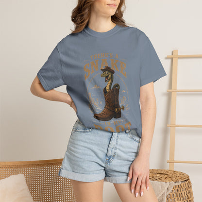 Color: Blue Jean — A model wearing the shirt indoors