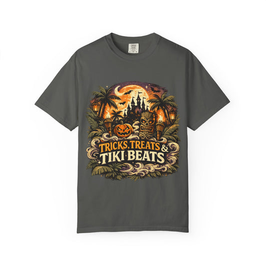Tricks, Treats & Tiki Beats shirt – Halloween tiki parody tee