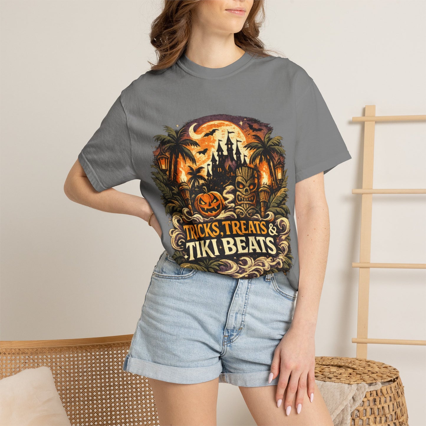 Tricks, Treats & Tiki Beats shirt – Halloween tiki parody tee