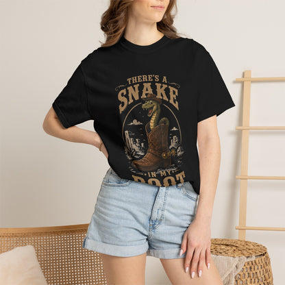 Color: Black — A model wearing the shirt indoors