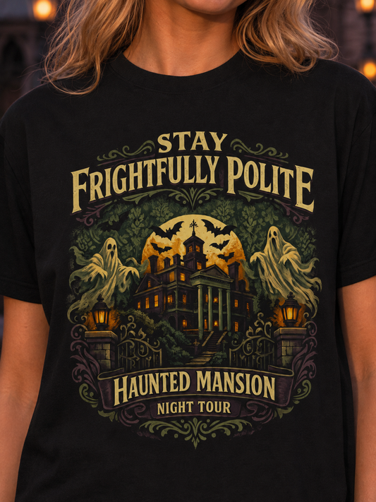 Stay Frightfully Polite Shirt – Haunted Mansion Night Tour Tee